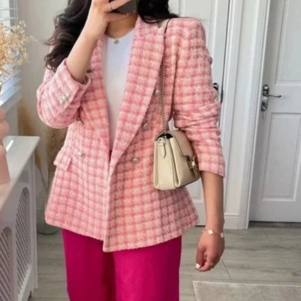 Gorgeous NEW Zara pink tweed blazer jacket | Zara work career blazer size XS - Picture 2 of 11